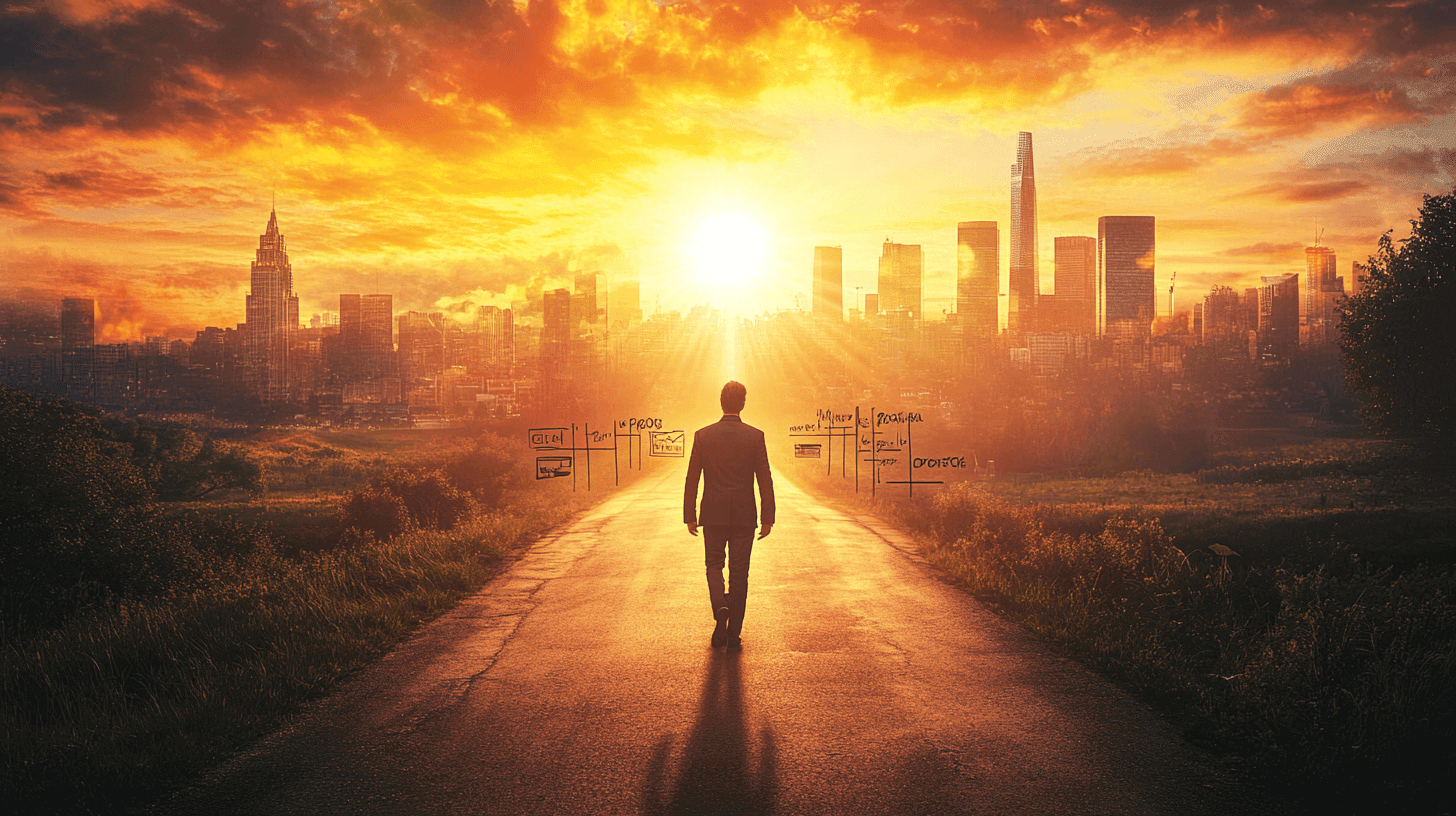 Businessmen walking towards a cityscape during a setting sun